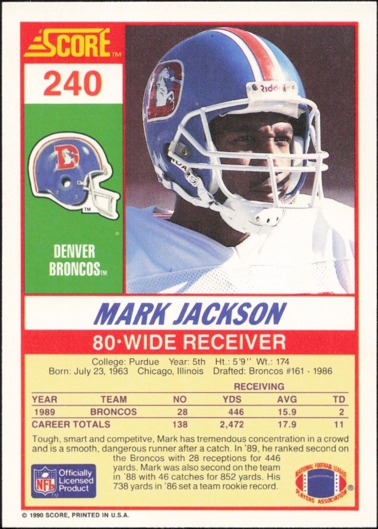 1990 Score Mark Jackson #240 football trading card back
