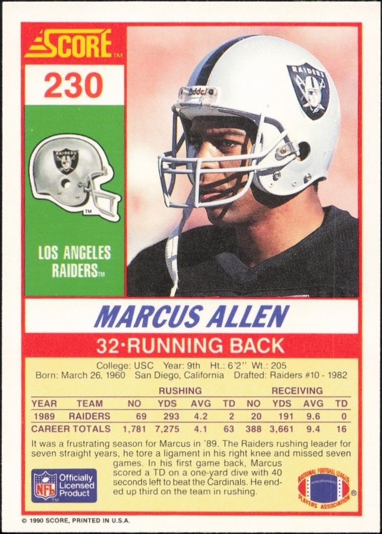 1990 Score Marcus Allen #230 football trading card back