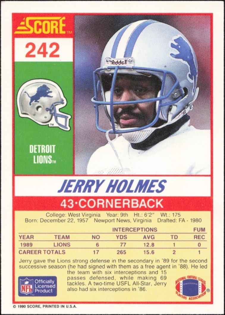 1990 Score Jerry Holmes #242 football trading card back