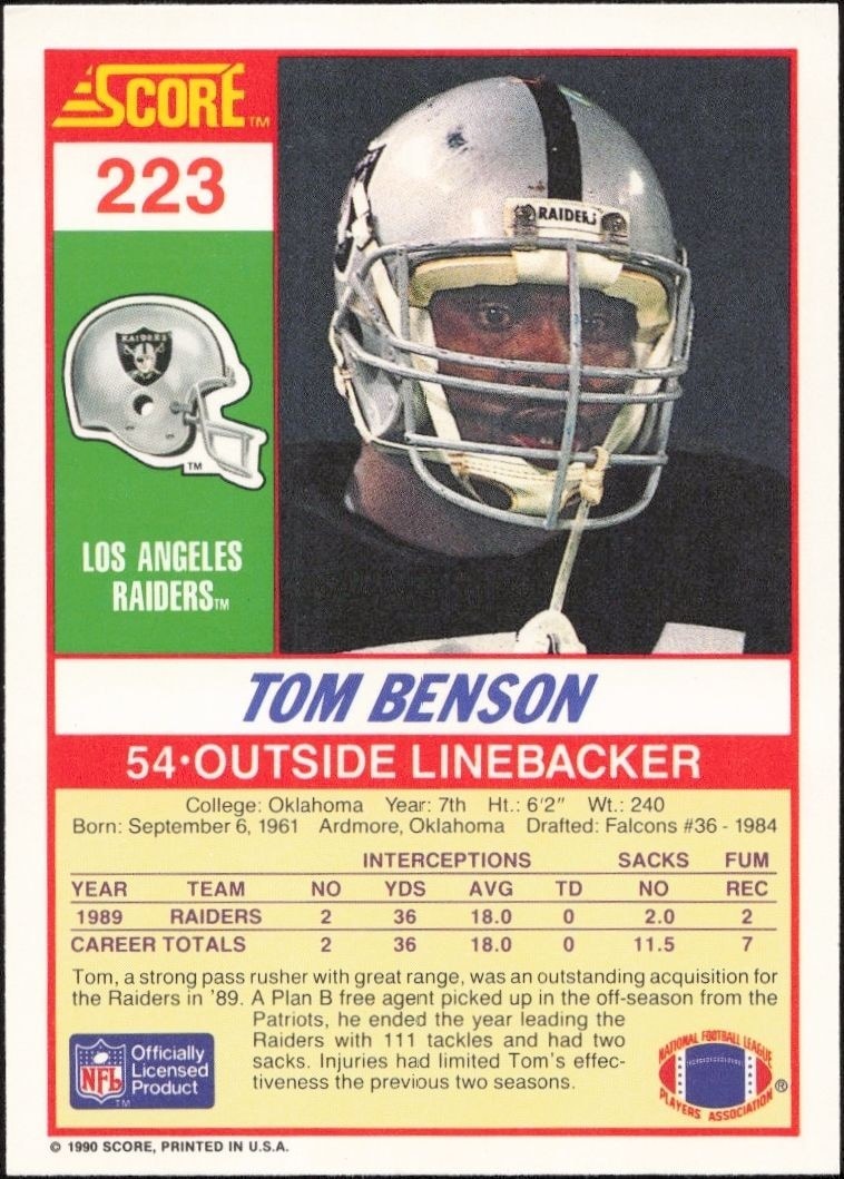 1990 Score Tom Benson #223 football trading card back