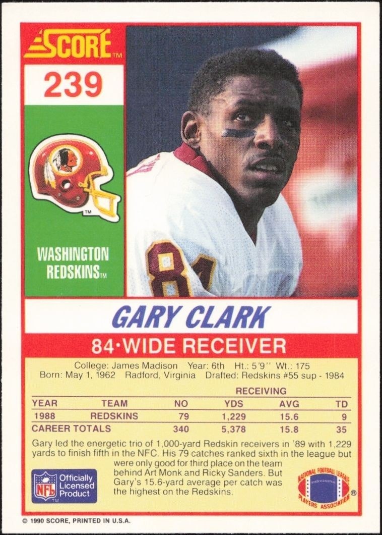 1990 Score Gary Clark #239 football trading card back