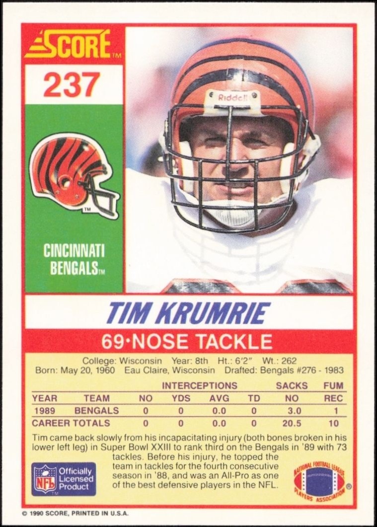 1990 Score Tim Krumrie #237 football trading card back