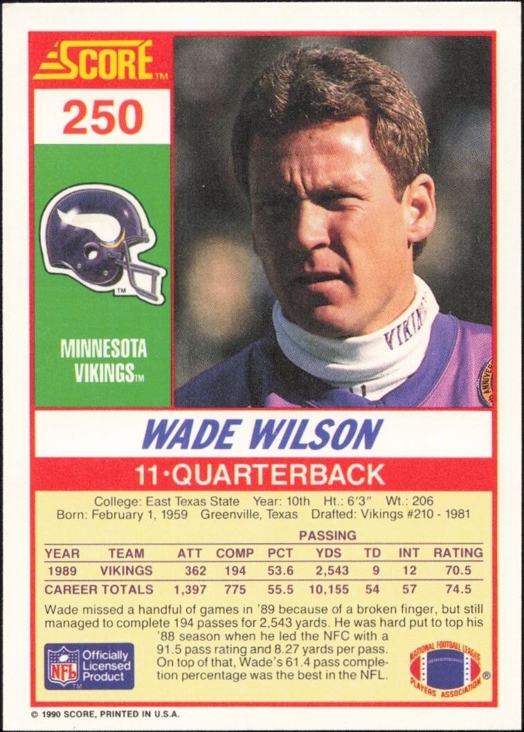 1990 Score Wade Wilson #250 football trading card back