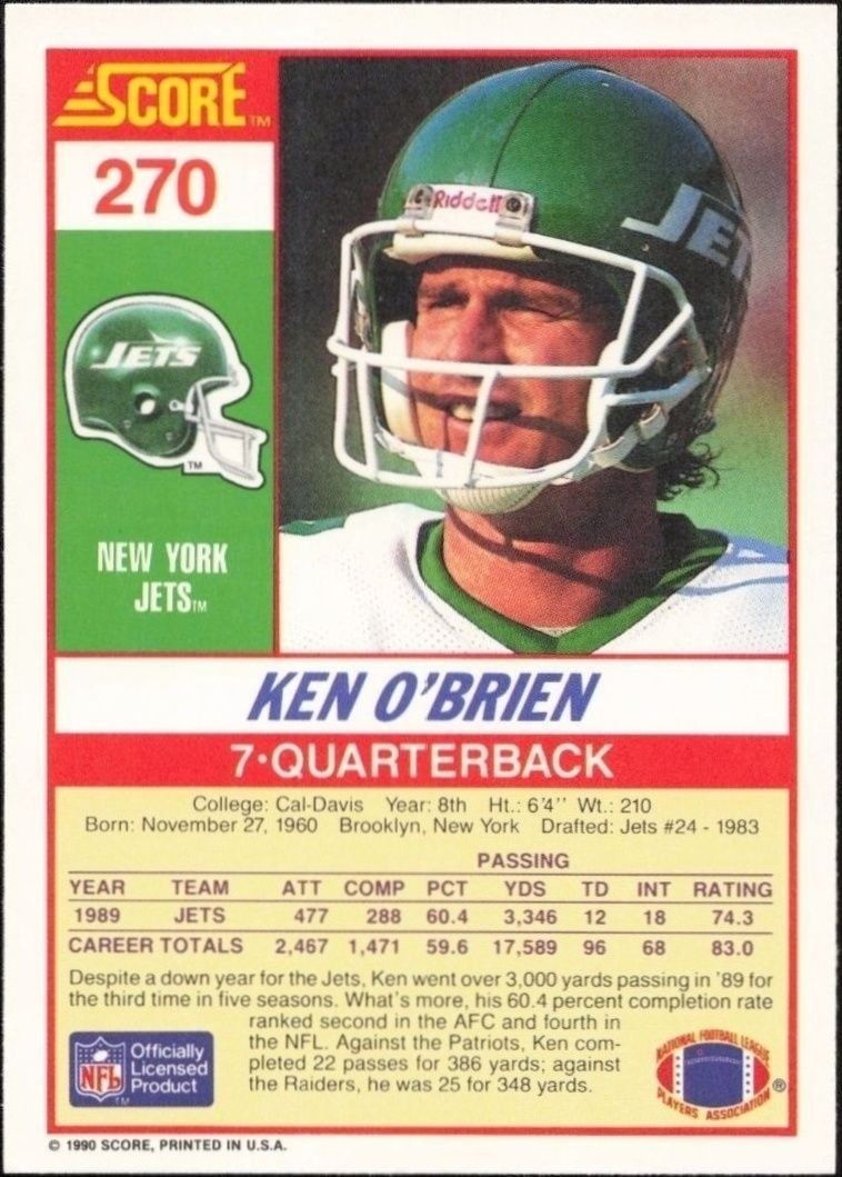 1990 Score Ken O'Brien #270 football trading card back