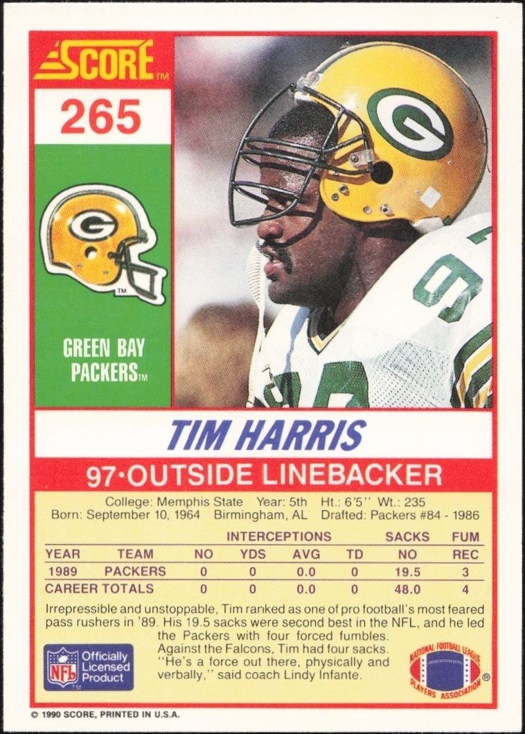 1990 Score Tim Harris #265 football trading card back