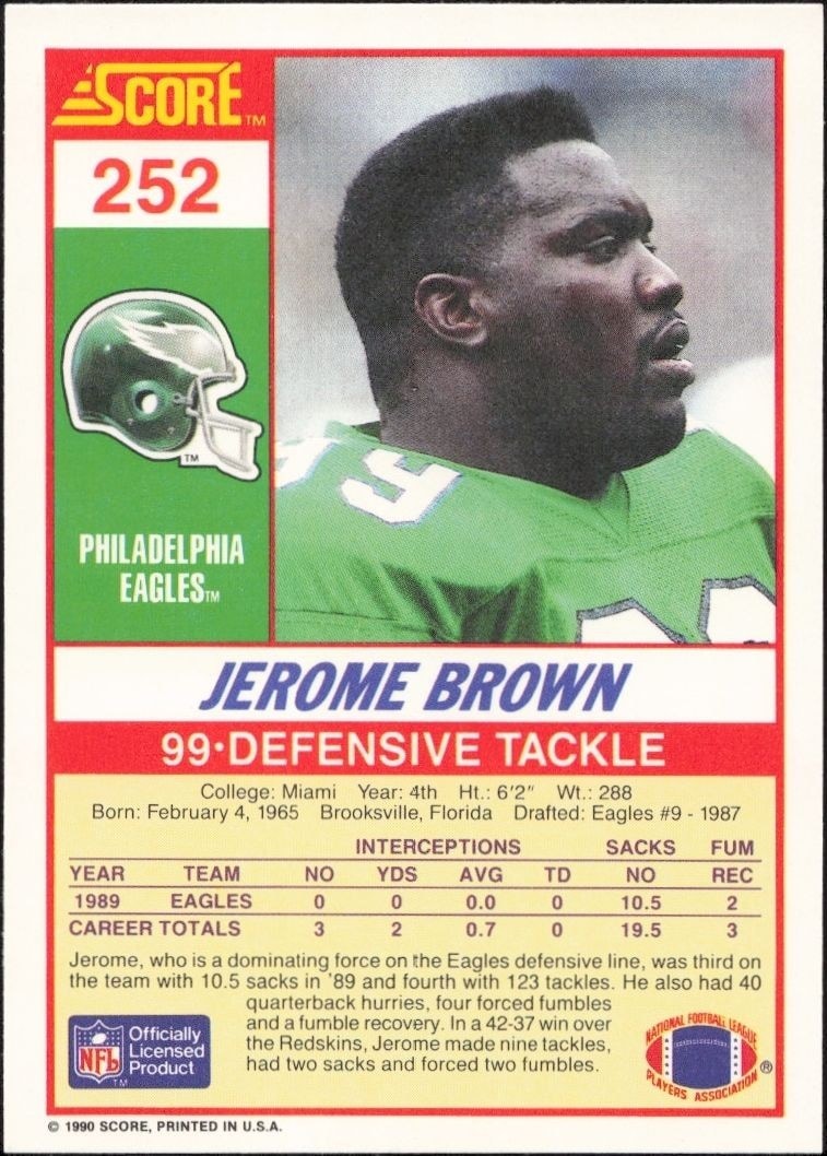 1990 Score Jerome Brown #252 football trading card back