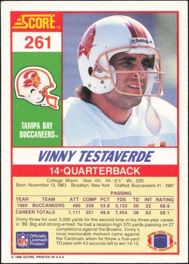 1990 Score Vinny Testaverde #261 football trading card back