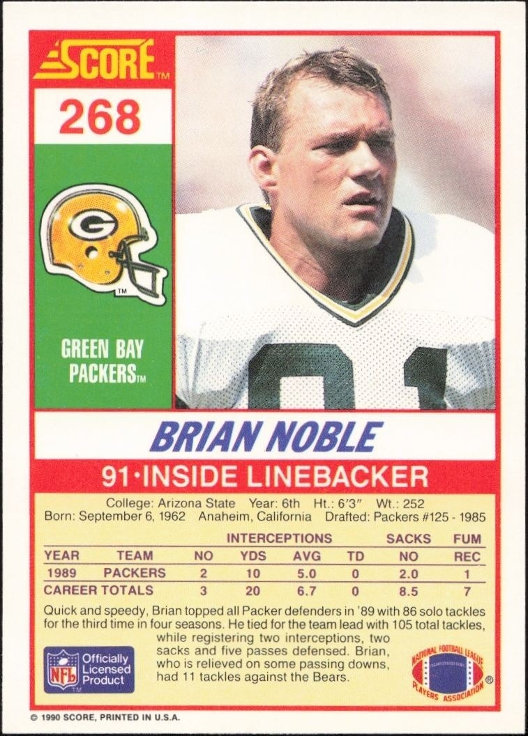 1990 Score Brian Noble #268 football trading card back