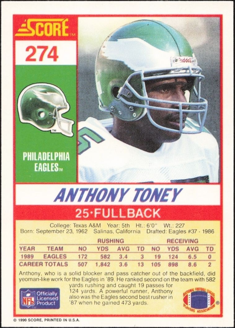 1990 Score Anthony Toney #274 football trading card back
