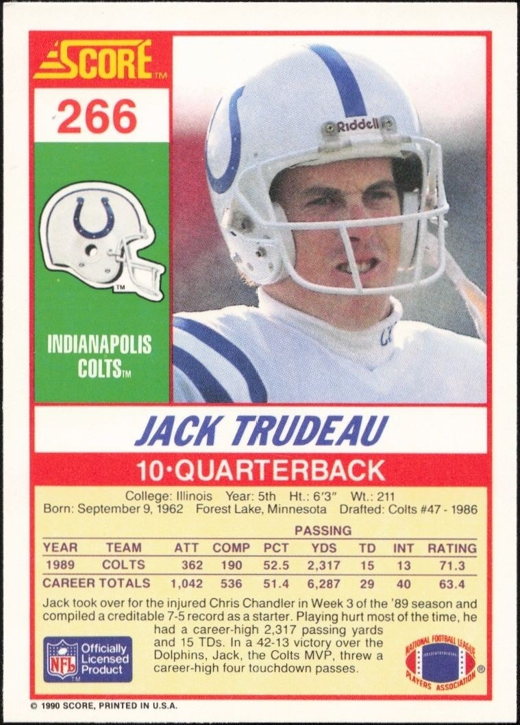 1990 Score Jack Trudeau #266 football trading card back