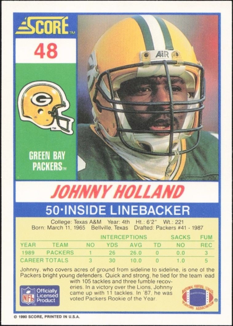 1990 Score Johnny Holland #48 football trading card back