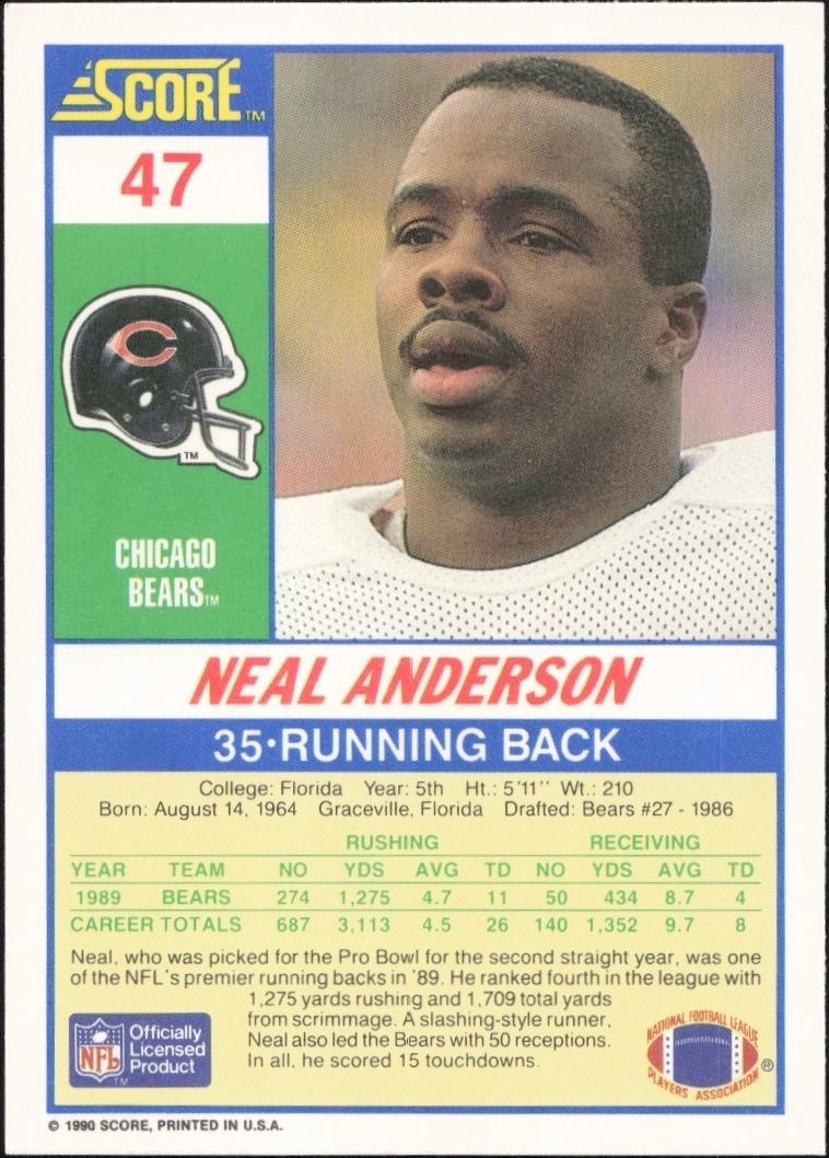 1990 Score Neal Anderson #47 football trading card back