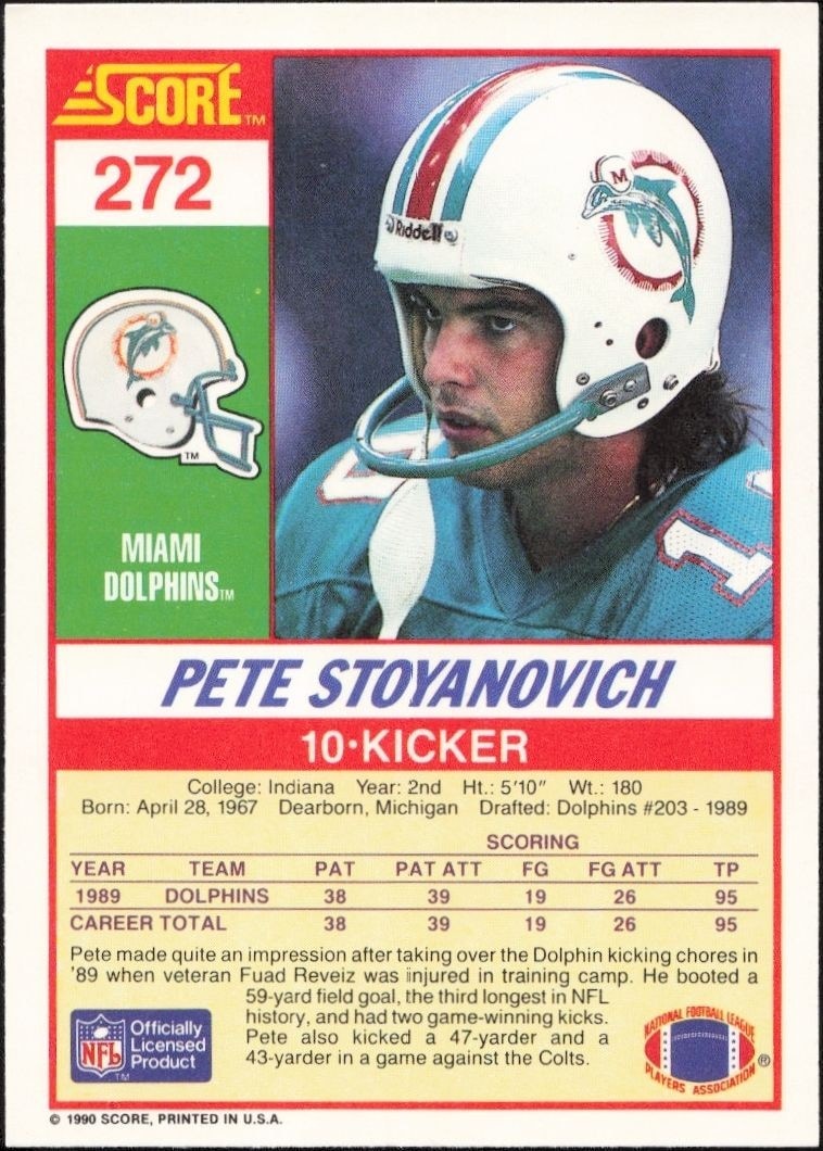 1990 Score Pete Stoyanovich #272 football trading card back