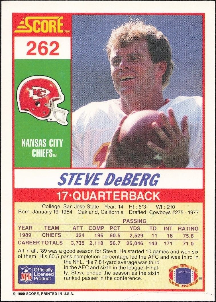 1990 Score Steve DeBerg #262 football trading card back