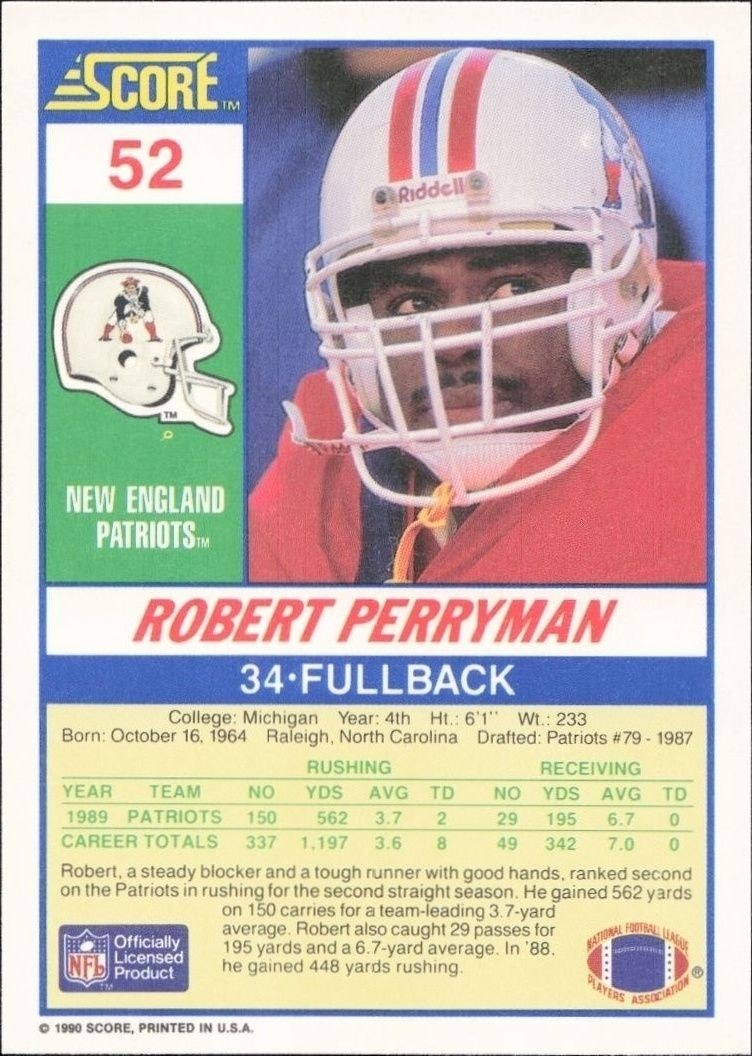 1990 Score Robert Perryman #52 football trading card back