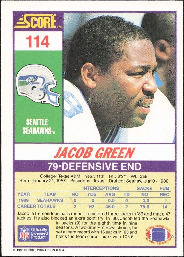 1990 Score Green Jacob Green #114 football trading card back