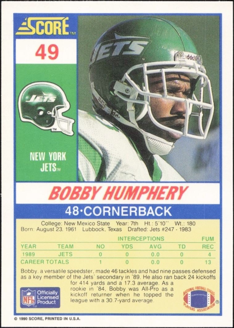 1990 Score Bobby Humphery #49 football trading card back