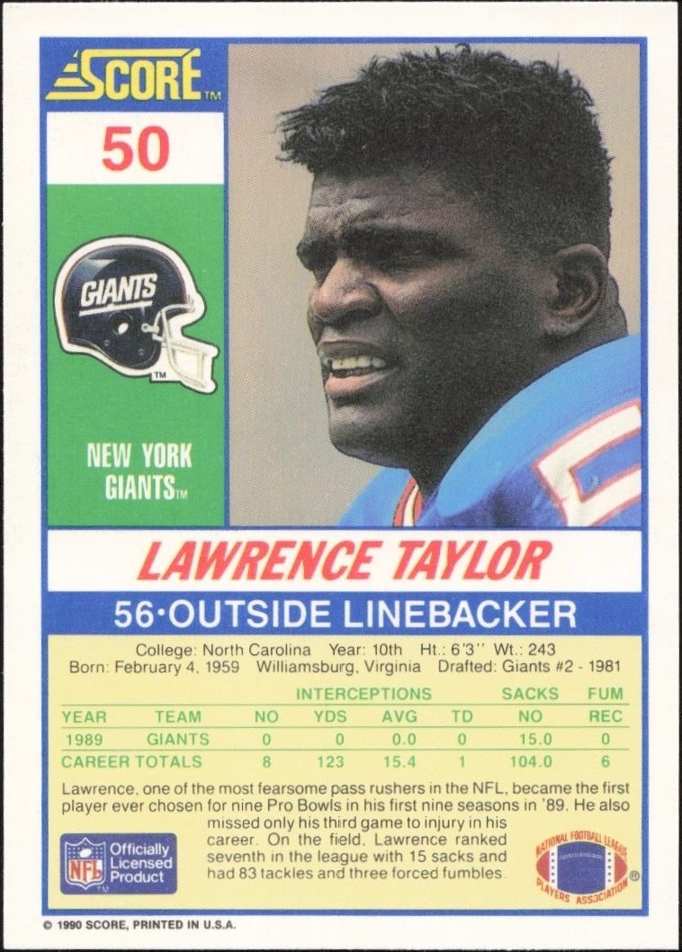 1990 Score Lawrence Taylor #50 football trading card back