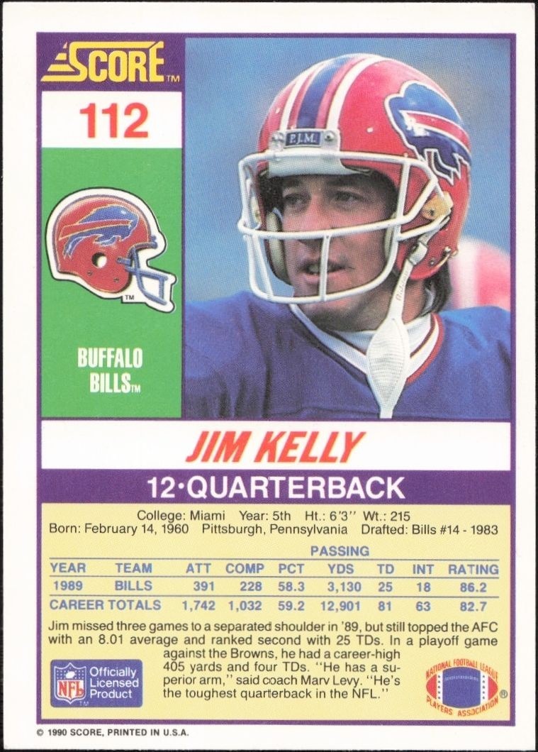 1990 Score Jim Kelly #112 football trading card back
