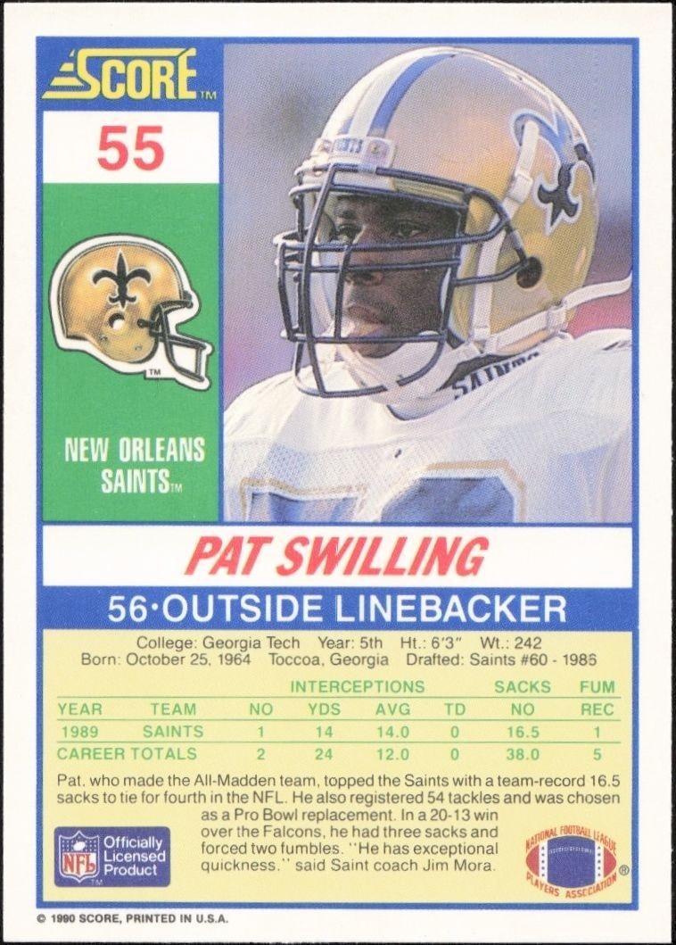 1990 Score Pat Swilling #55 football trading card back