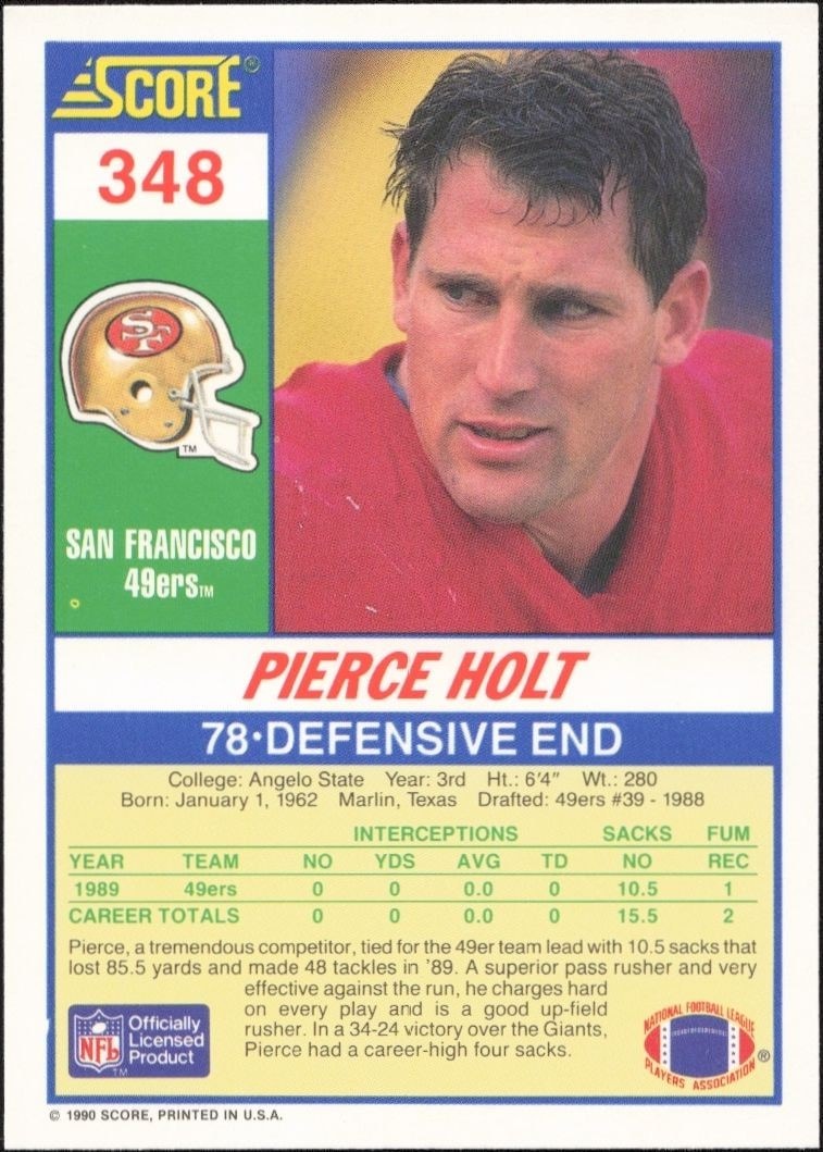 1990 Score Pierce Holt #348 football trading card back