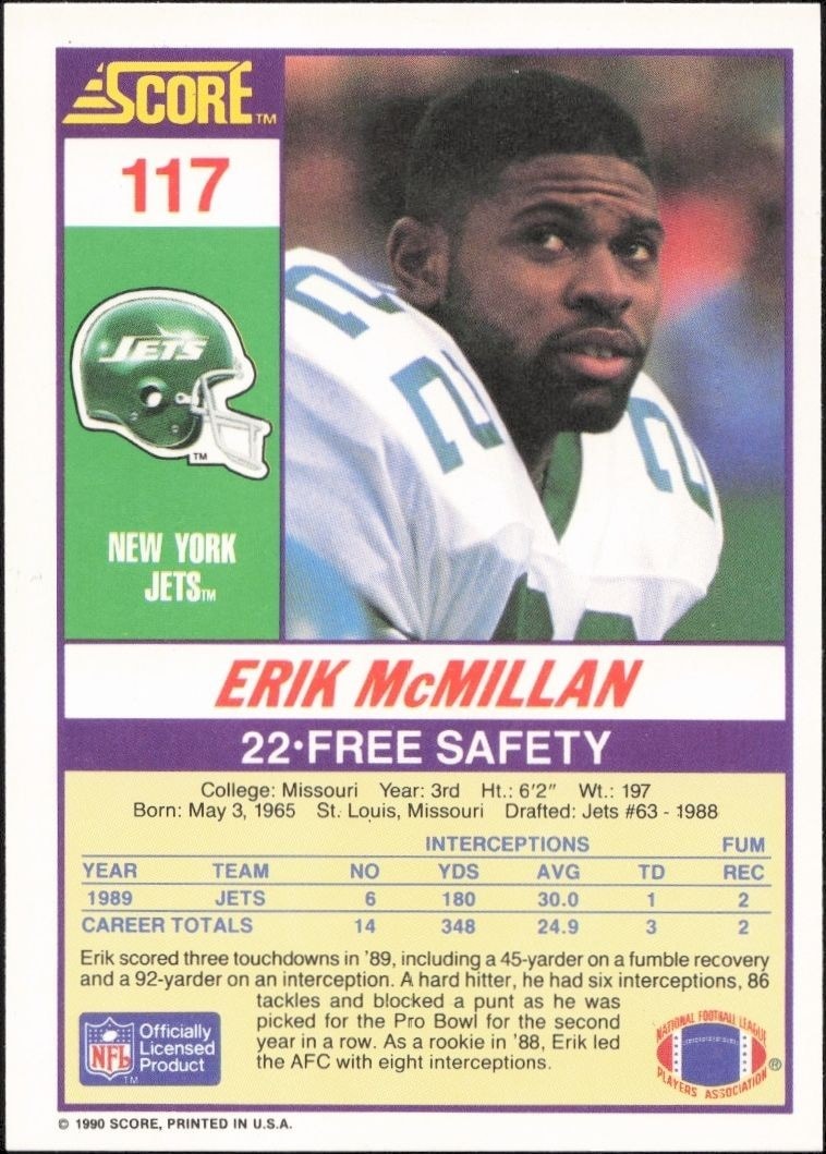 1990 Score Erik McMillan #117 football trading card back