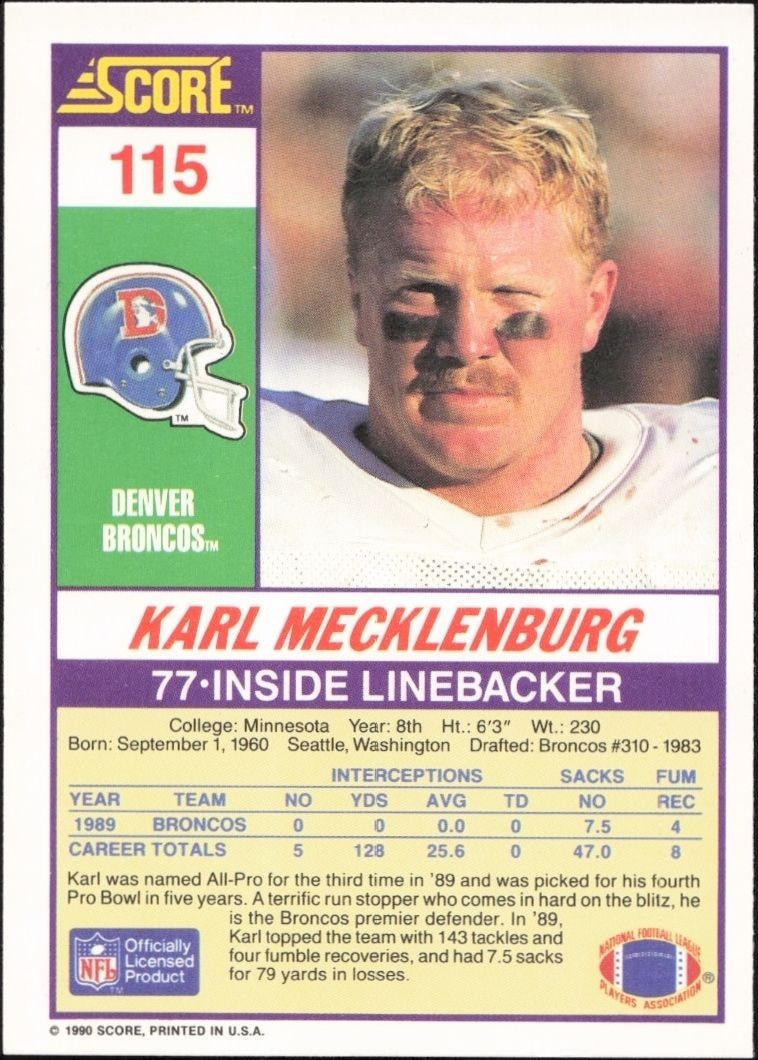 1990 Score Karl Mecklenburg #115 football trading card back