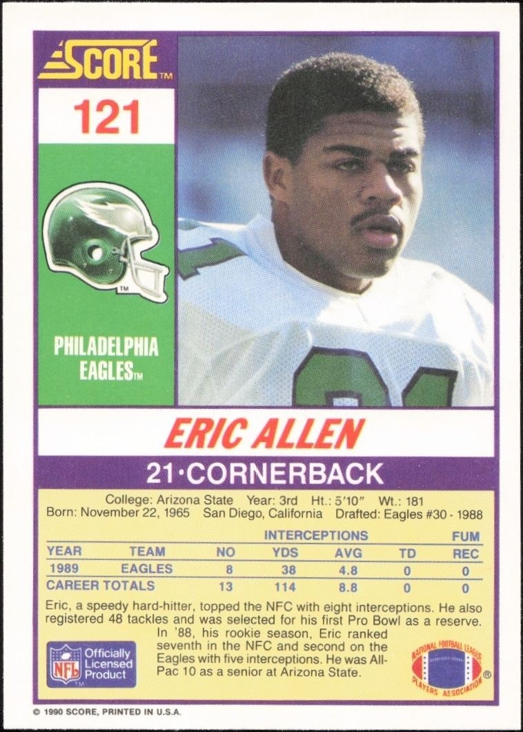1990 Score Eric Allen #121 football trading card back