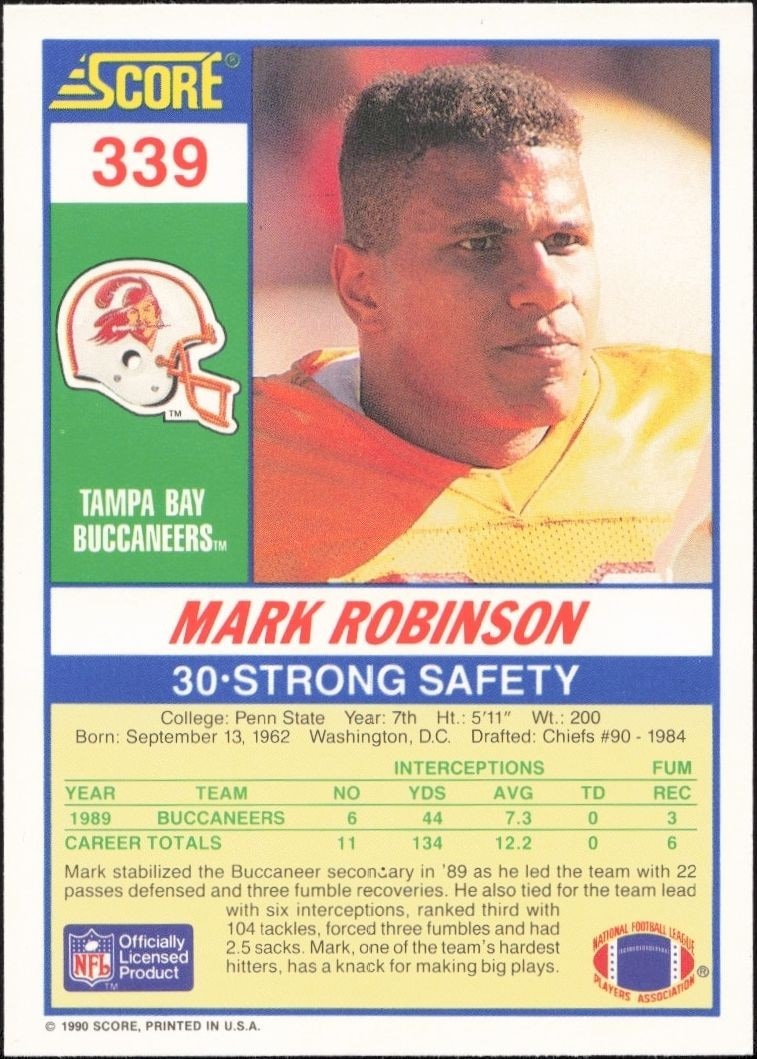 1990 Score Mark Robinson #339 football trading card back