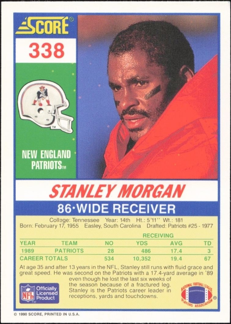 1990 Score Stanley Morgan #338 football trading card back