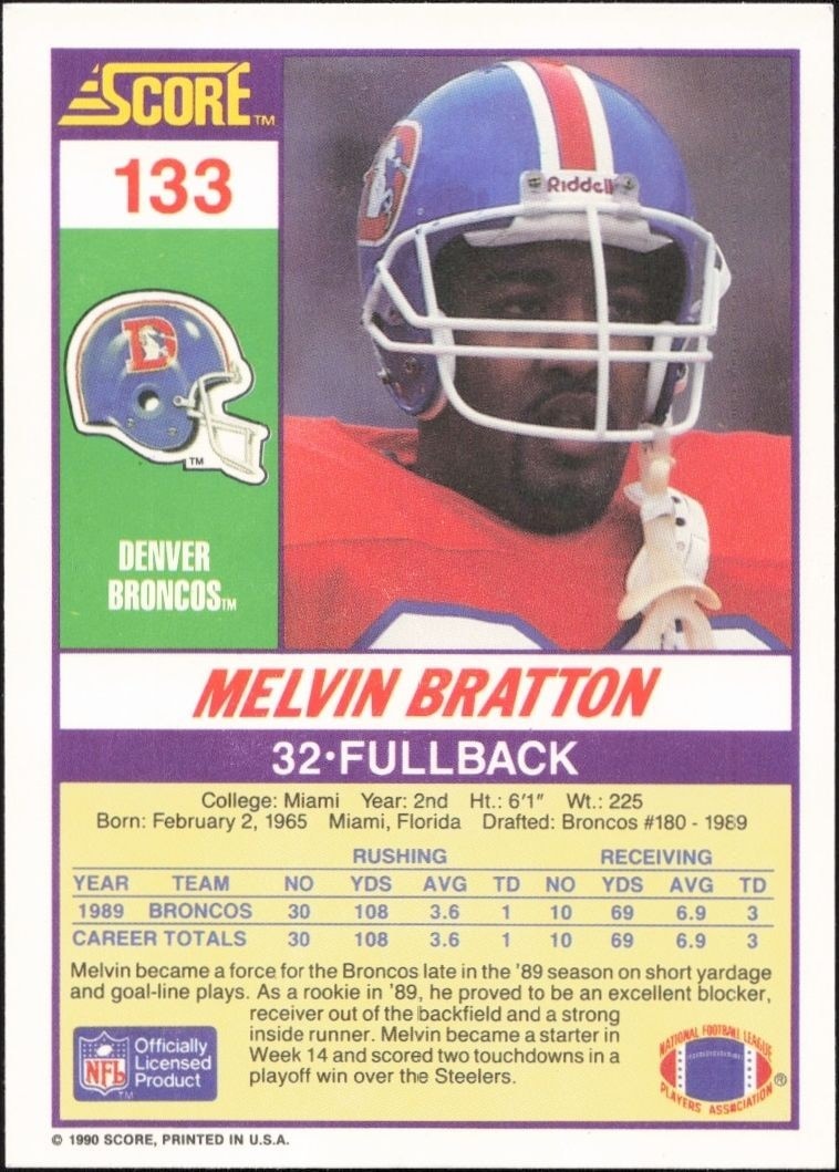 1990 Score Melvin Bratton #133 football trading card back