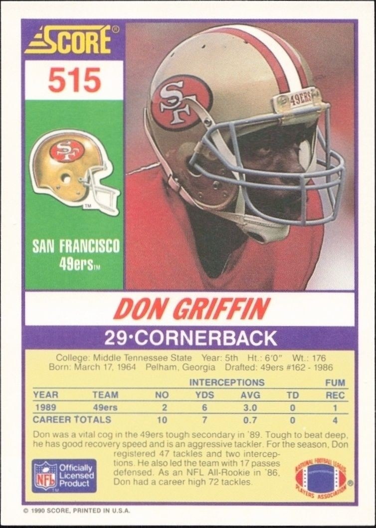 1990 Score Don Griffin #515 football trading card back