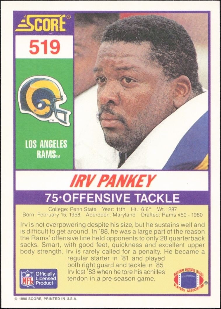 1990 Score Irv Pankey #519 football trading card back