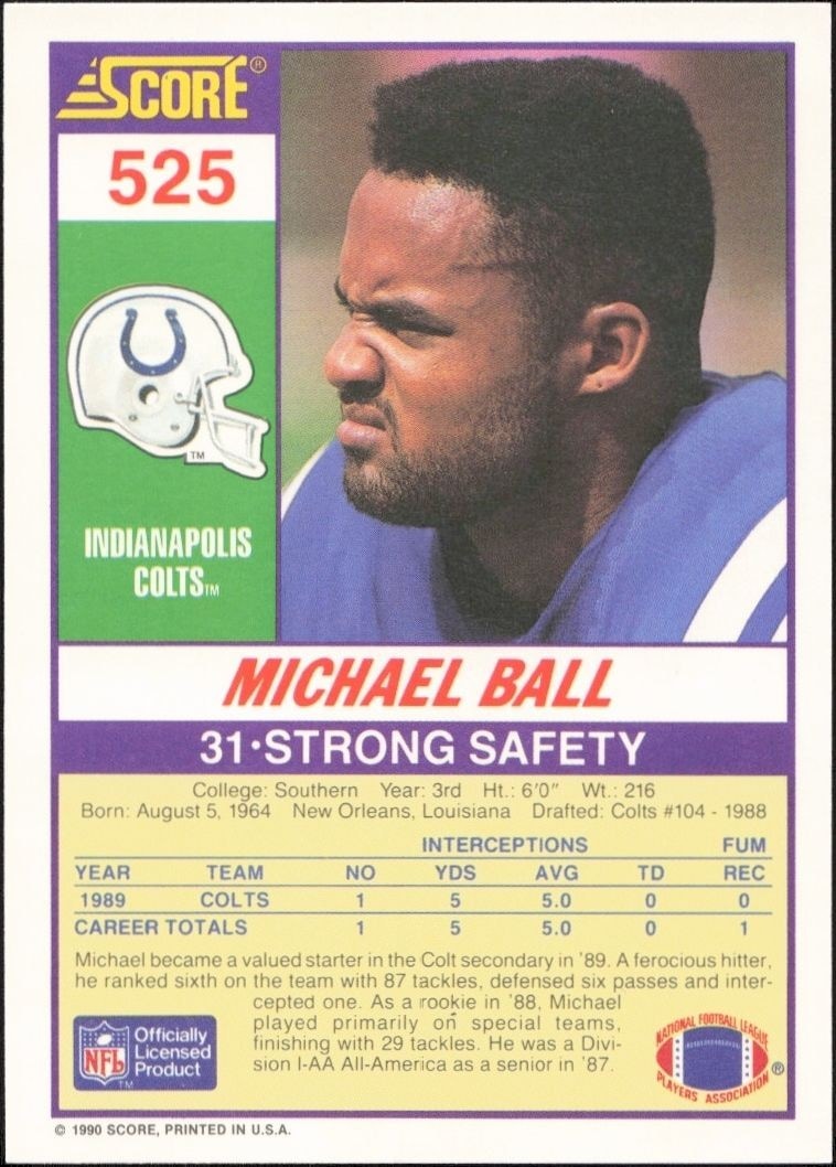 1990 Score Michael Ball #525 football trading card back