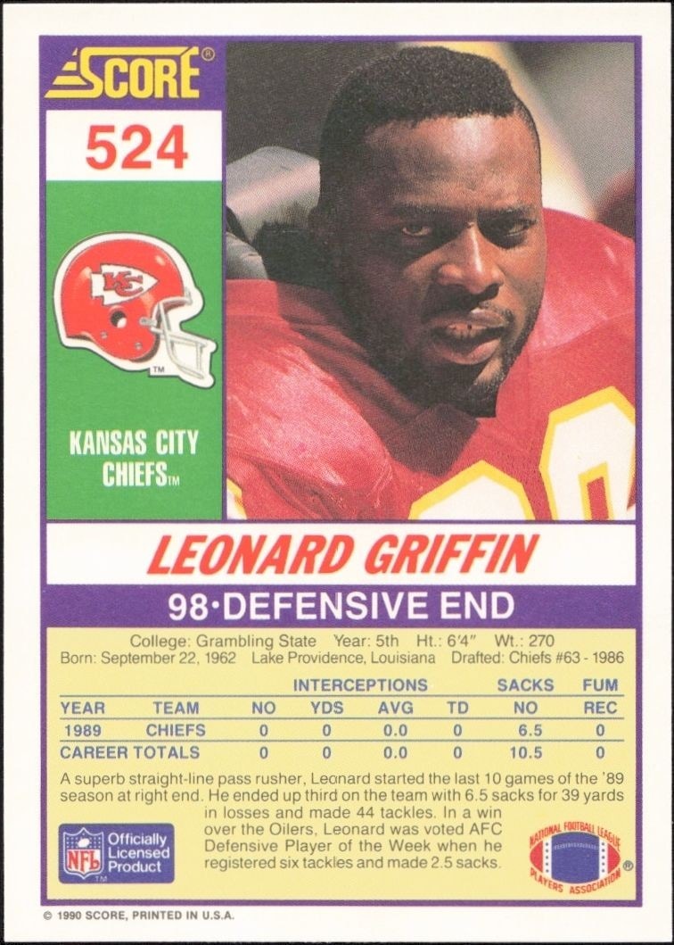 1990 Score Leonard Griffin #524 football trading card back