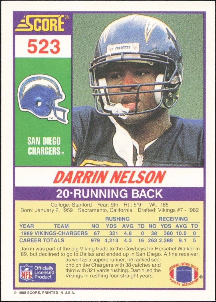 1990 Score Darrin Nelson #523 football trading card back