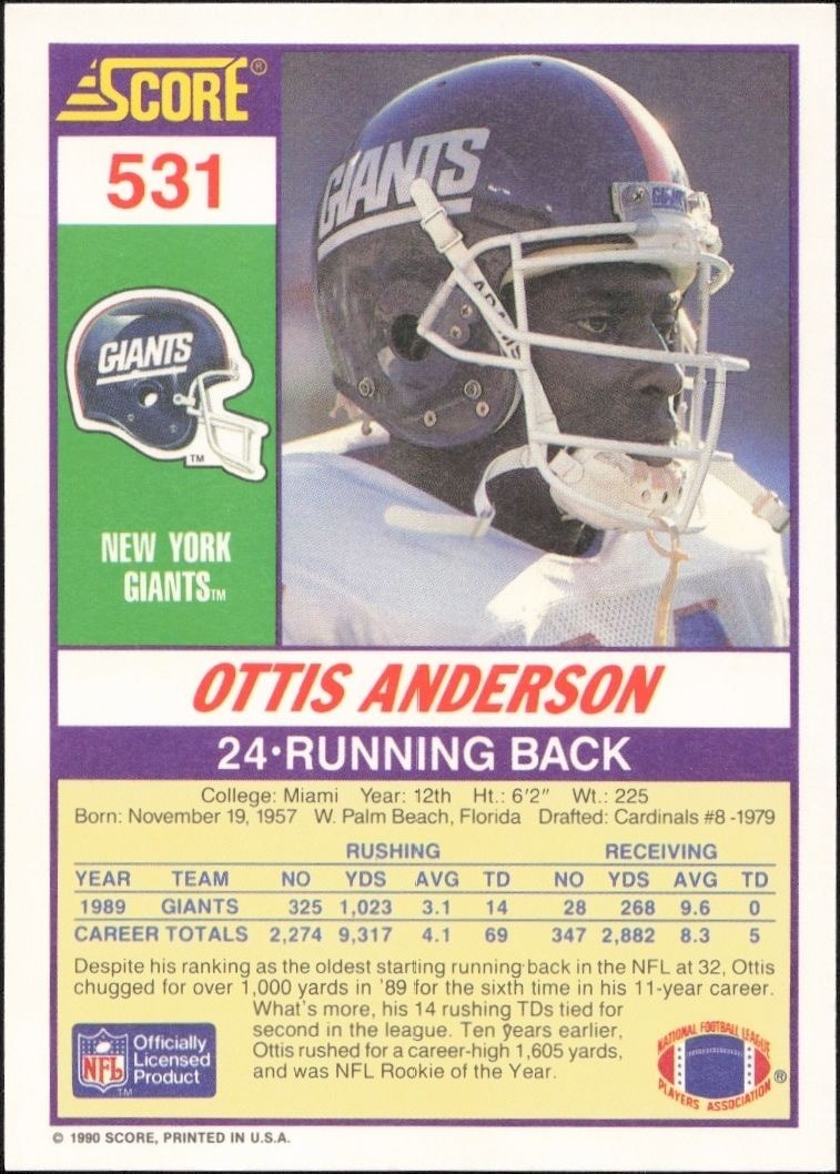 1990 Score Ottis Anderson #531 football trading card back