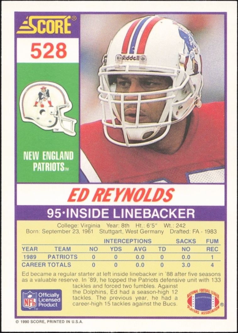 1990 Score Ed Reynolds #528 football trading card back