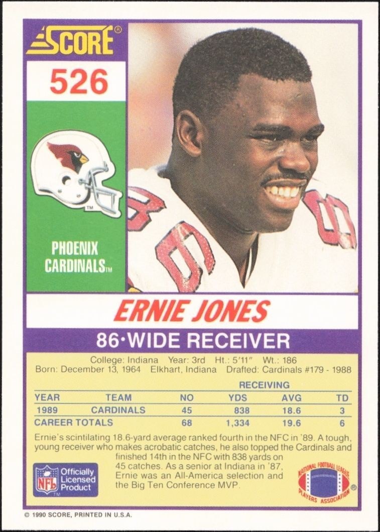 1990 Score Ernie Jones #526 football trading card back