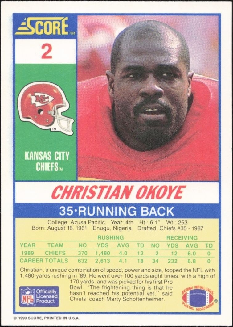 1990 Score Christian Okoye #2 football trading card back