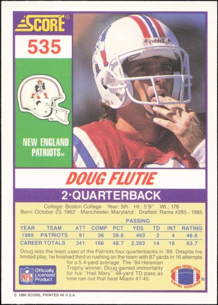 1990 Score Doug Flutie #535 football trading card back