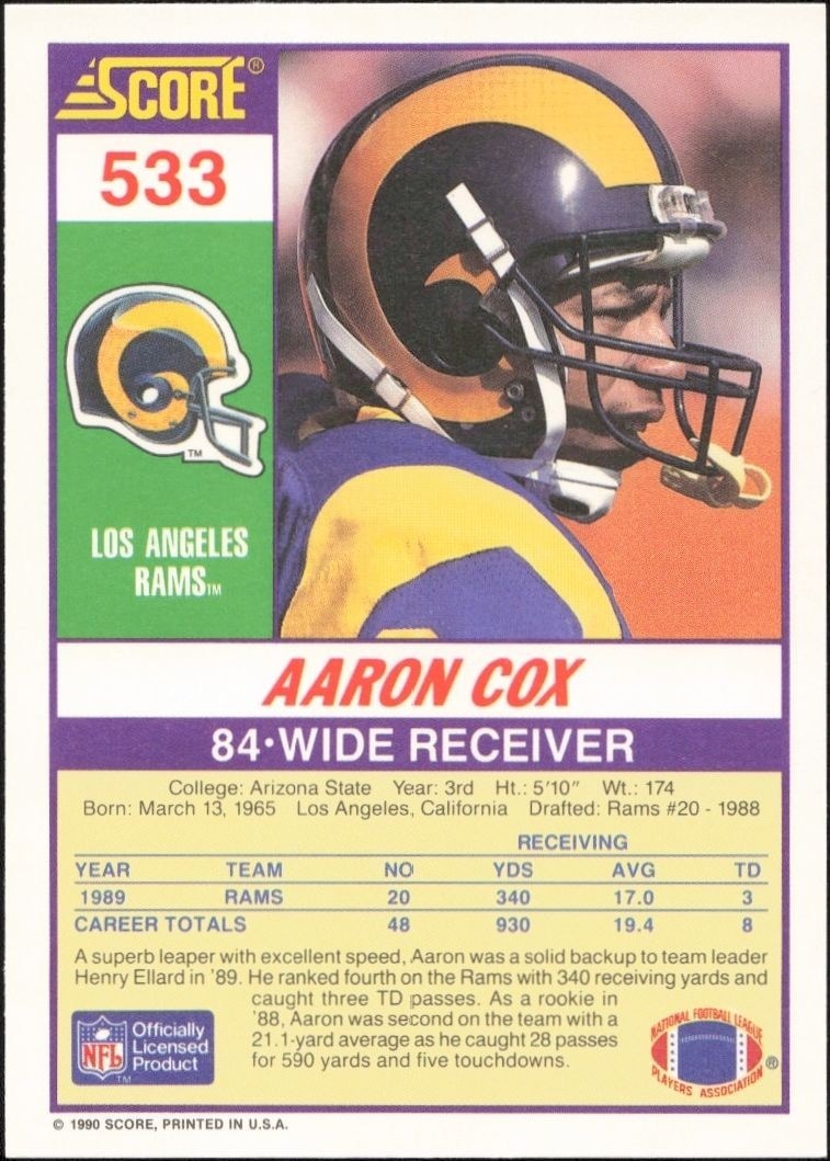 1989 Score Aaron Cox #533 football trading card back