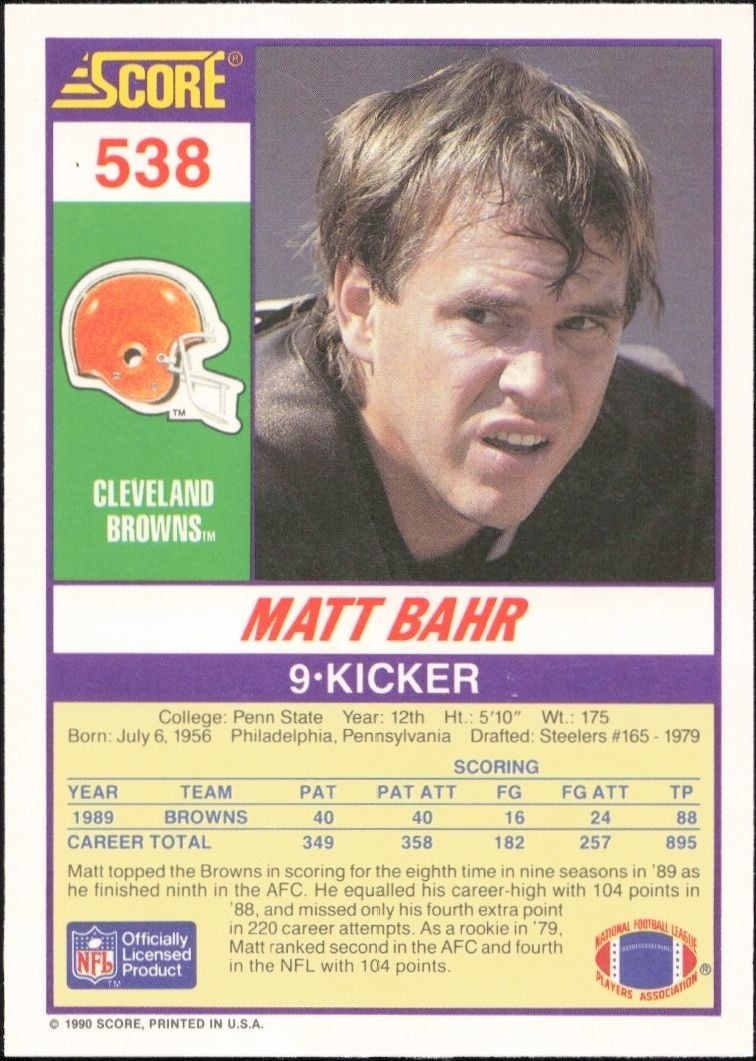 1990 Score Matt Bahr #538 football trading card back