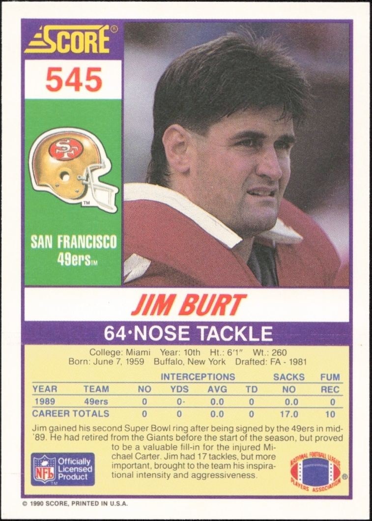 1990 Score Jim Burt #545 football trading card back