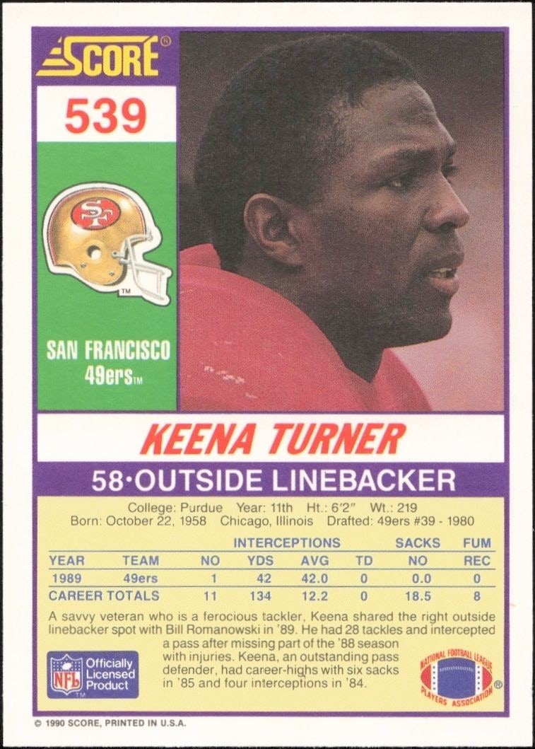 1990 Score Keena Turner #539 football trading card back