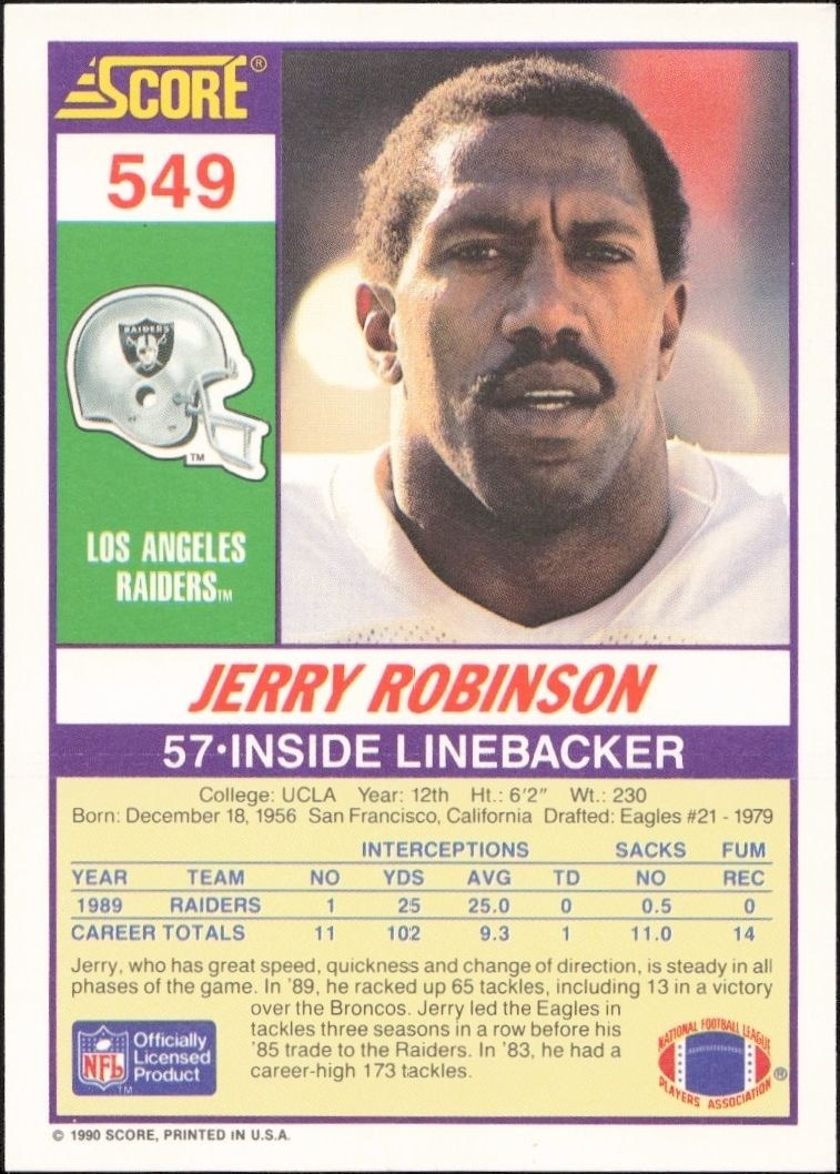 1990 Score Jerry Robinson #549 football trading card back