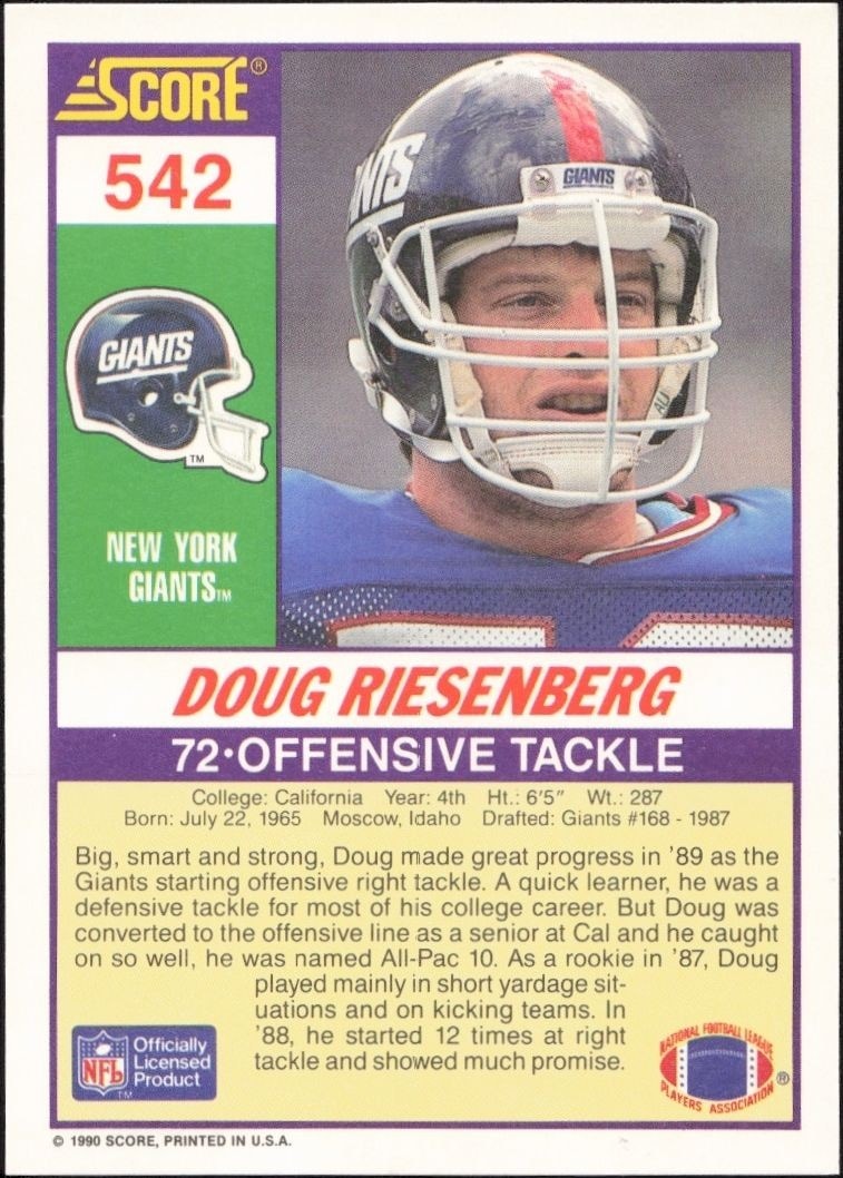 1990 Score Doug Riesenberg #542 football trading card back