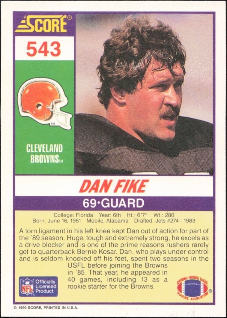 1990 Score Dan Fike #543 football trading card back