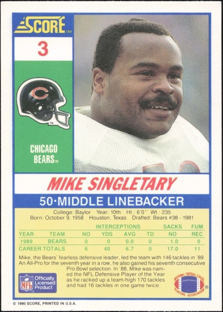 1990 Score Mike Singletary #3 football trading card back