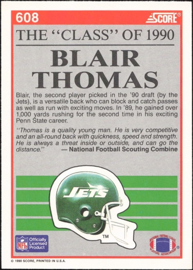 1990 Score Blair Thomas #608 football trading card back